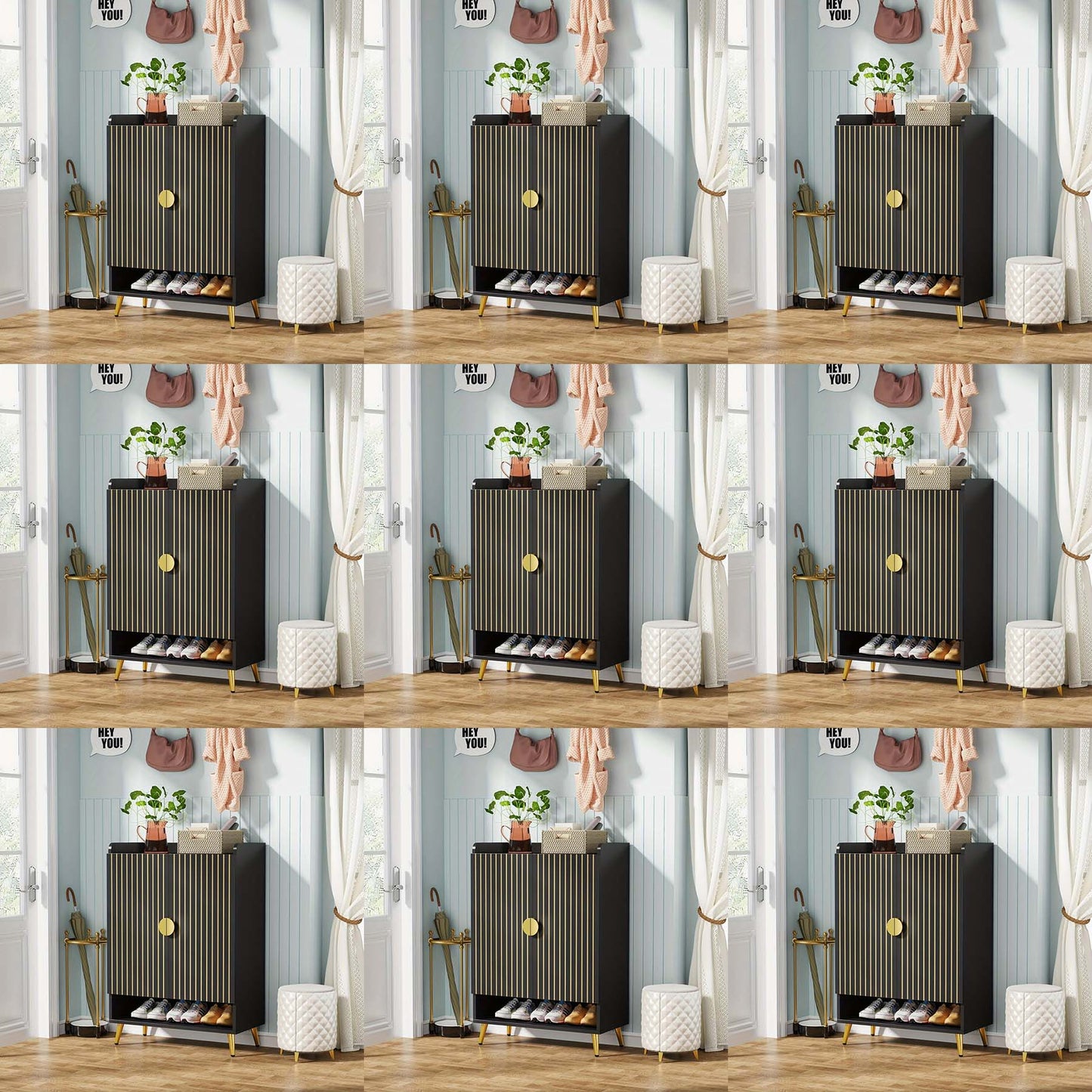 7-laags Schoenenkast – Schoenenrek – Schoenopberger – Schoenentoren – Schoenenkast met Deuren – Verstelbare Planken – Zwart MDF – Ruimtebesparend Vertical Design