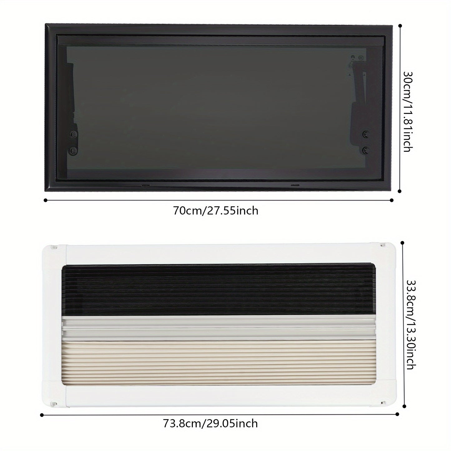 RV Ramen – Camperraam – Trailerraam – Tempered Glas Raam – Insectenhor – 700x300mm – Aluminium Profiel – Met Zonnescherm en Ventilatie