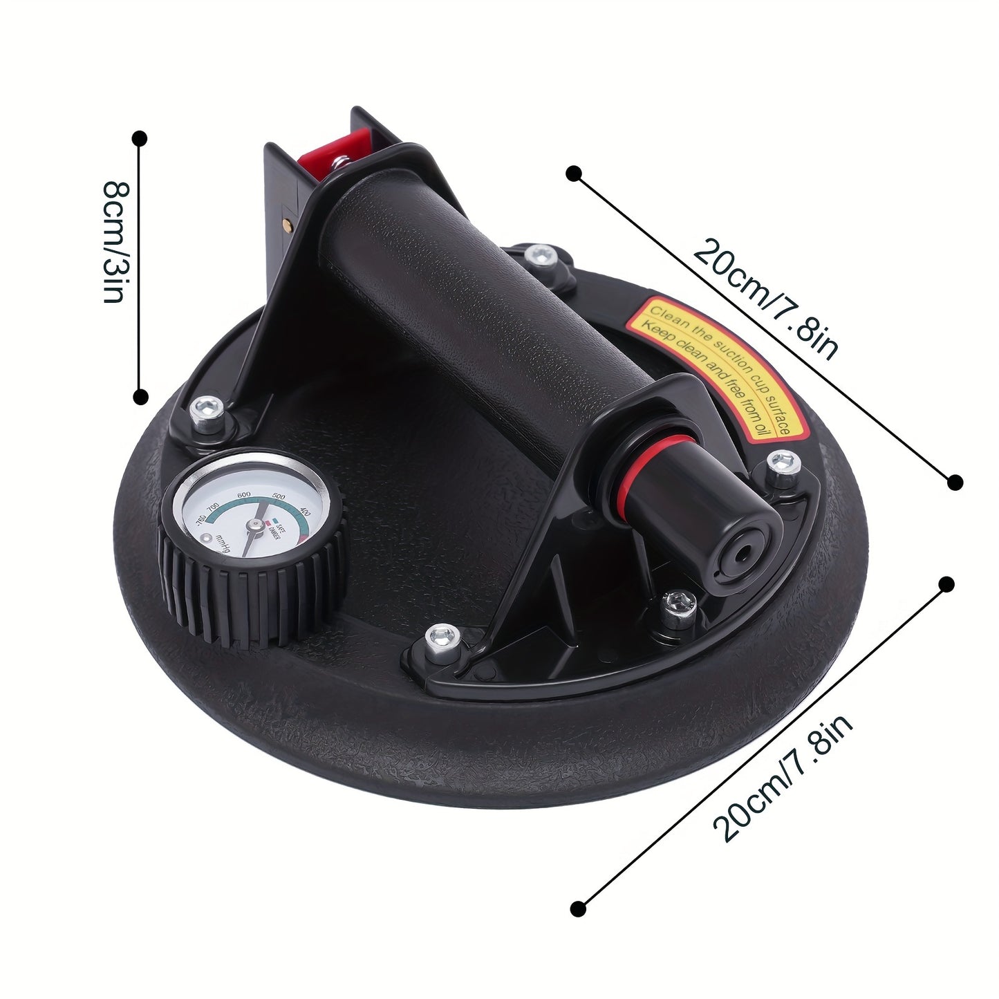 Zuignap – Vacuümzuiger – Hefzuiger – Hulpzuiger – Zuighandel – Zuigkracht 179 kg – Druksensor Met Kleurindicatie – Inclusief Draagkoffer – Rubber Zuigbasis 20 cm – Anti-Slip ABS Handgreep