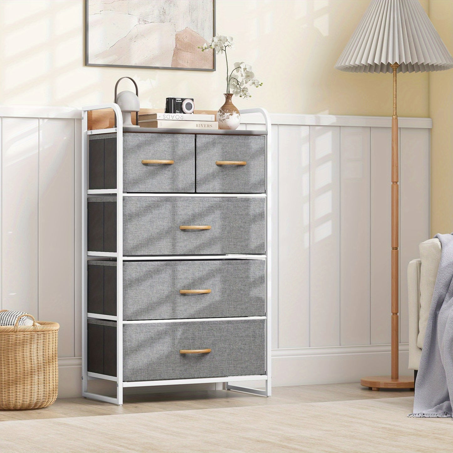 Wascommode – Opbergkast – Ladenkast – Commode – Kast Met Lades – 5 Ruime Stoffen Lades – Robuuste MDF Bovenplaat – Verstelbare Pootjes