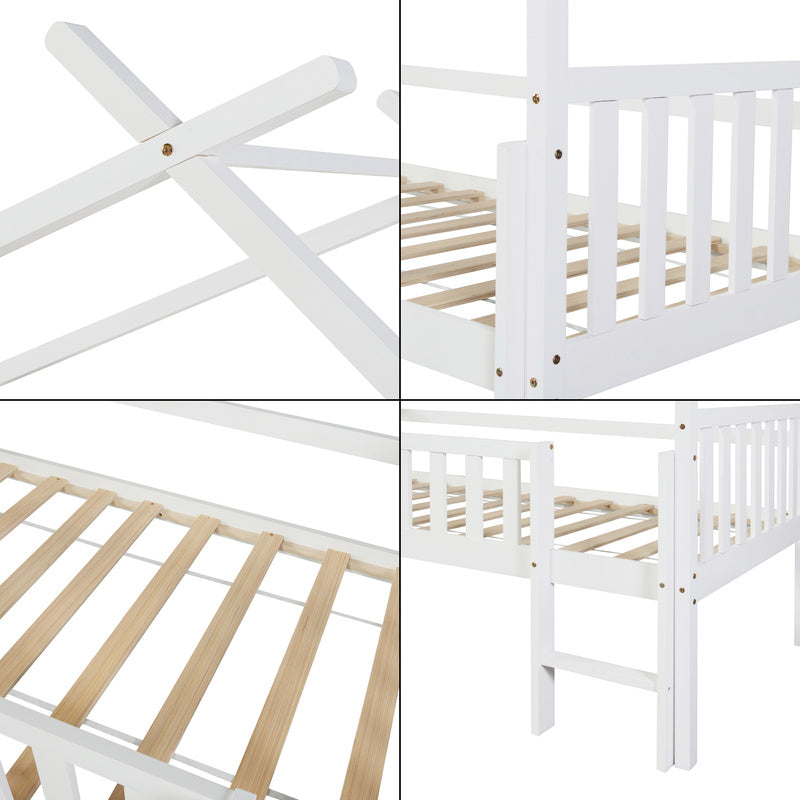 Bedframe – Kinderbed – Hoogslaper – Peuterbed – Jeugdbed – Massief Dennenhout – Valbeveiliging – 90x200 cm