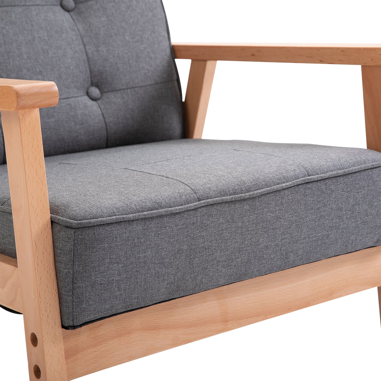Loungestoel – Fauteuil – Zetel – Relaxstoel – Armstoel – Massief Beukenhouten Frame – Comfortabele Grijze Linnen Bekleding – 64,5x70x74 cm