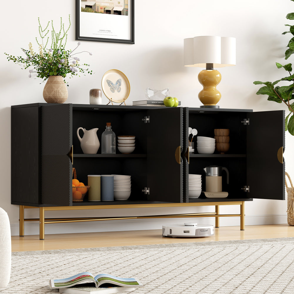 Extra Lange Kast – Dressoir – Sideboard – Opbergkast – Vitrinekast – 160 cm Breed – Zwart Spaanplaat – Vrijstaand Ontwerp – Gouden Handgrepen & Poten