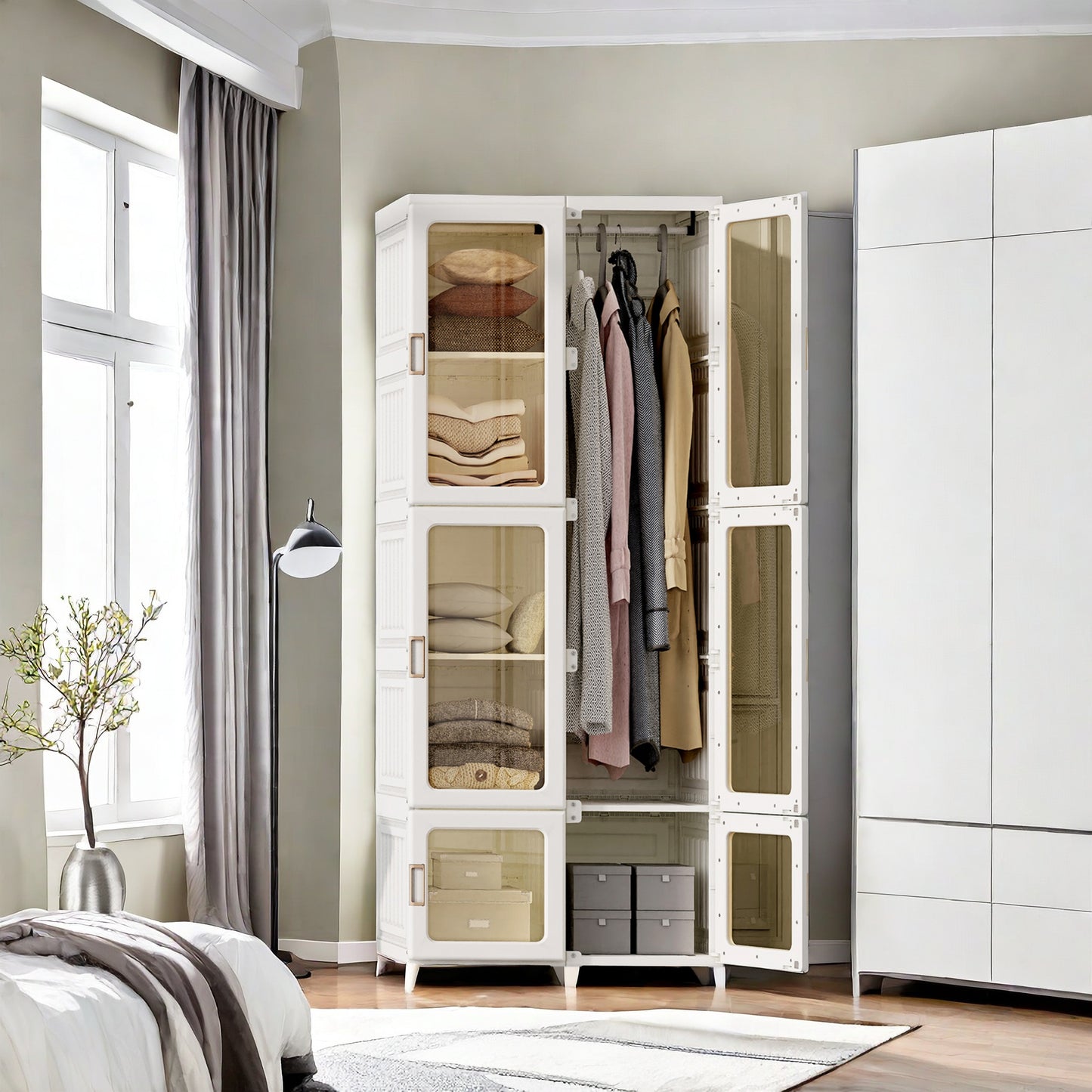 Opbergkast Kleding – Garderobekast – Kledingkast Organizer – Opberger – Garderobe – Vouwbaar En Inclusief Kledingstang – Transparante Deuren