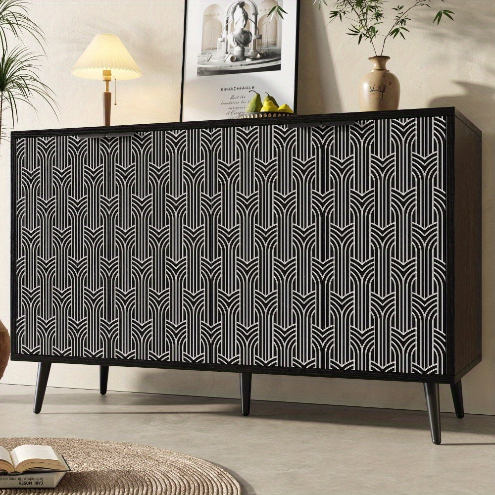 Dressoir – Opbergkast – Ladekast – Buffetkast – Woonkamerkast – Vrijstaand – Hout & Spaanplaat – Visgraatpatroon Deur – Afmetingen 120x35x78 cm – Zwart