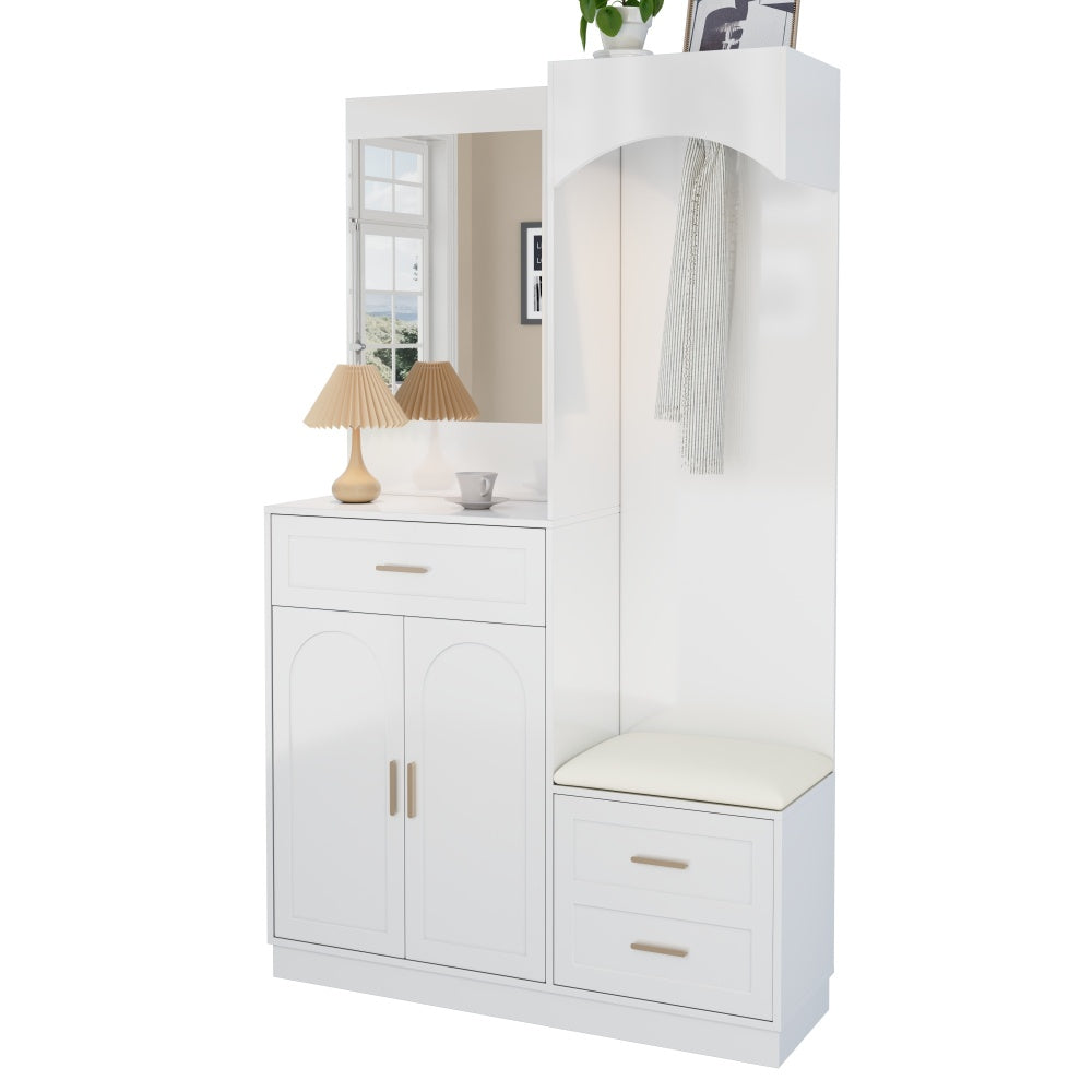 Gangkast – Halmeubel – Garderobekast – Opbergkast – Schoenenkast – Modern Design – Compact Met Spiegel – Witte Kast Met Gouden Accenten