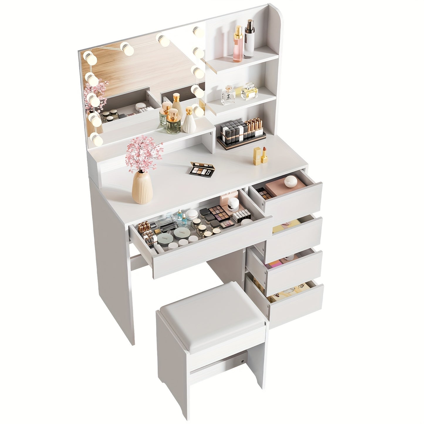 Kaptafel met Spiegel en Kruk – Wit – Make-up Tafel met Laden, Open Planken en 12 LED-Lampen, Instelbare Helderheid – Modern voor Slaapkamer
