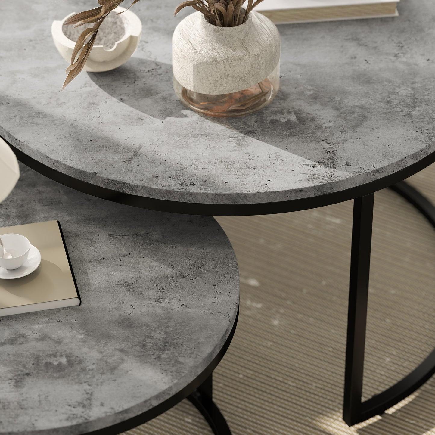 Bijzettafels – Salontafel – Side Table – Nachtkastje – Tafelset – Industrieel Design – Metalen Frame – Cement Look – Ruimtebesparend – Duurzaam MDF