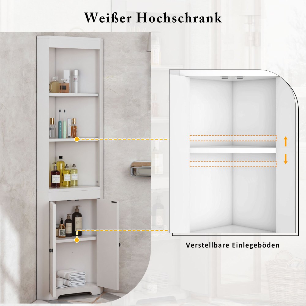 Badkamerkast Hoog – Badkamermeubel – Opbergkast – Opbergmeubel – Opbergoplossing – Wit – Vochtbestendige Dubbele Deuren – 3 Open Vakken & 2 Schuifplanken