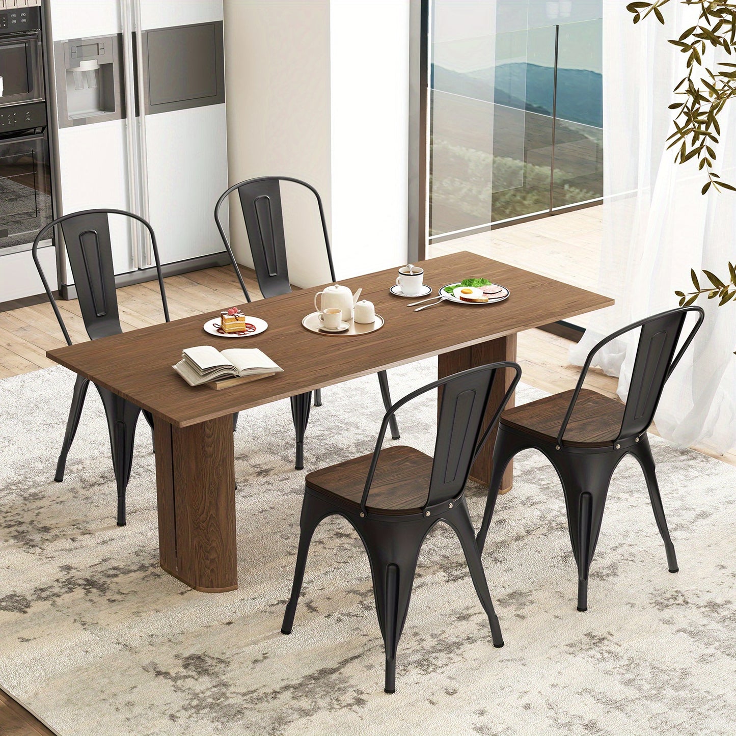 Eetkamerstoelen – Keukenstoelen – Stapelbare Stoelen – Metalen Stoelen – Houten Zitvlak – Set Van 4 – Afneembare Rugleuning – Ruimtebesparend Design – Bruin