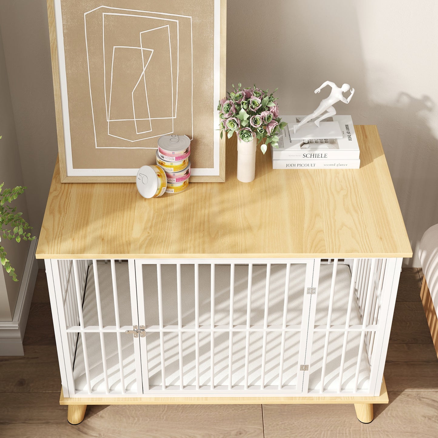 Hondenbench – Hondenkooi – Hondenmand – Hondenhuis – Reishondenbench – Vergrendelbare Deur – Uitneembaar Wasbaar Kussen – Stijlvol Wit Eiken – Staal Houtcomposiet – 86x60x70 cm – Goede Ventilatie