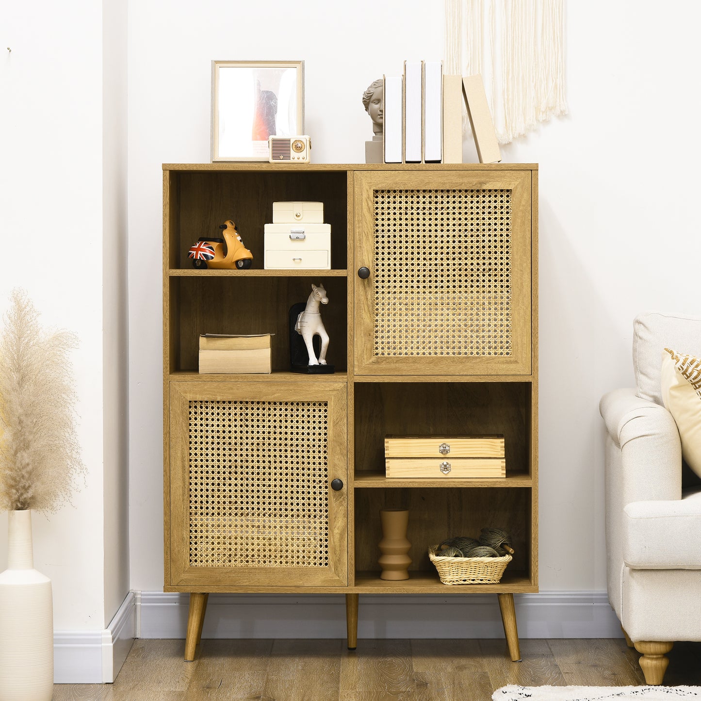 Kast – Boekenkast – Opbergkast – Dressoir – Kledingkast – Hout en Rattan – 4 Lades en 2 Deuren – Compact 90x32,5x120 cm