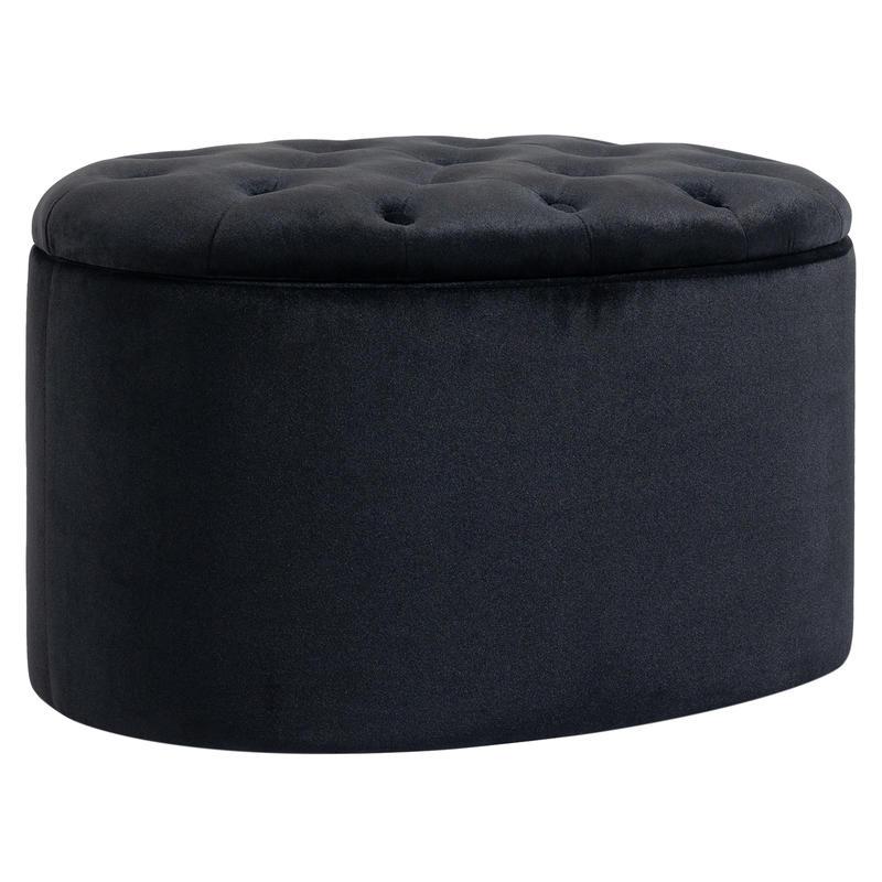 Opbergbank – Opbergpoef – Zitbank Met Opbergruimte – Opbergkist – Hocker – Fluwelen Bekleding – Ovaal Design – 71x52x42 cm – Zwart – Ruimtebesparend – Met Scharnierend Deksel