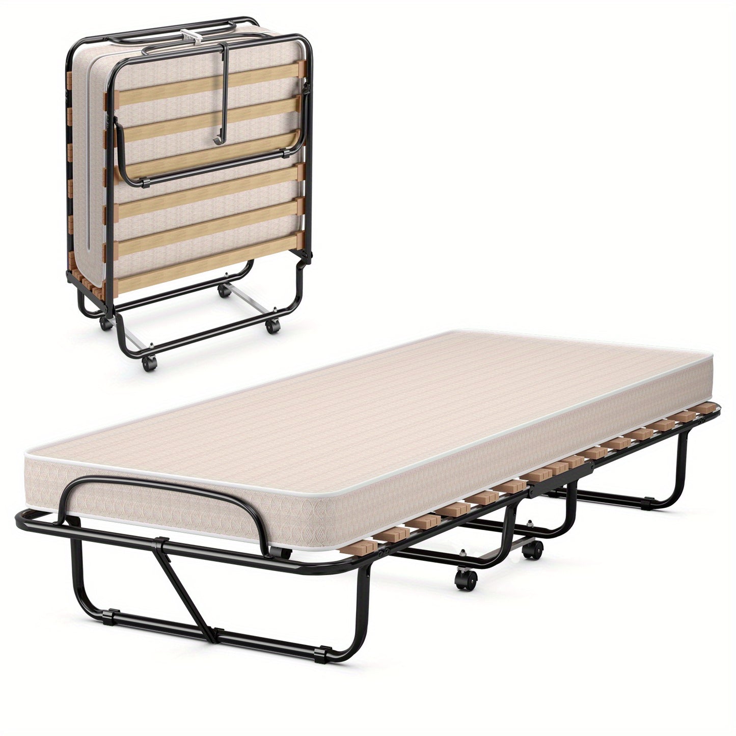 Vouwbed – Opklapbed – Logeerbed – Campingbed – Trolleybed – 80x190cm – Stalen Frame Zwart – 360° Wielen – 199,58KG Draagvermogen – Inclusief Beige Matras