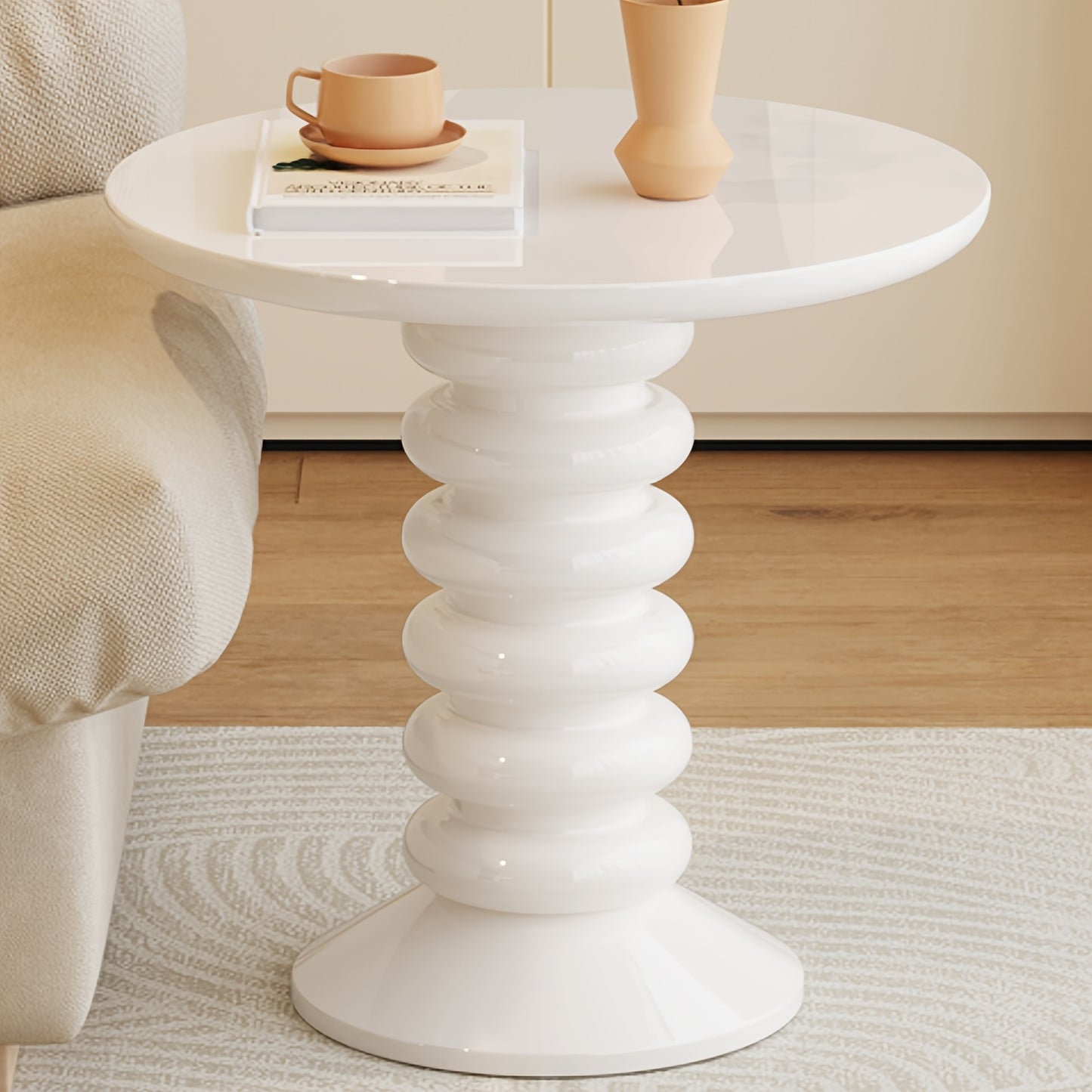 Bijzettafel – Sidetable – Nachtkastje – Salontafel – Banktafel – Ronde Vorm – Melkachtig Wit – Compact Formaat – Eenvoudige Montage