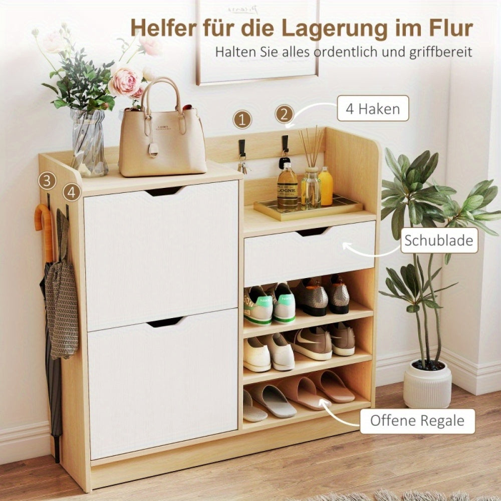Shoe Cabinet, Suitable for Hallways, Featuring a Lift-up Drawer, Open Shelving and Four Hooks, Accommodating up to Fourteen Pairs of Shoes, Natural Finish.