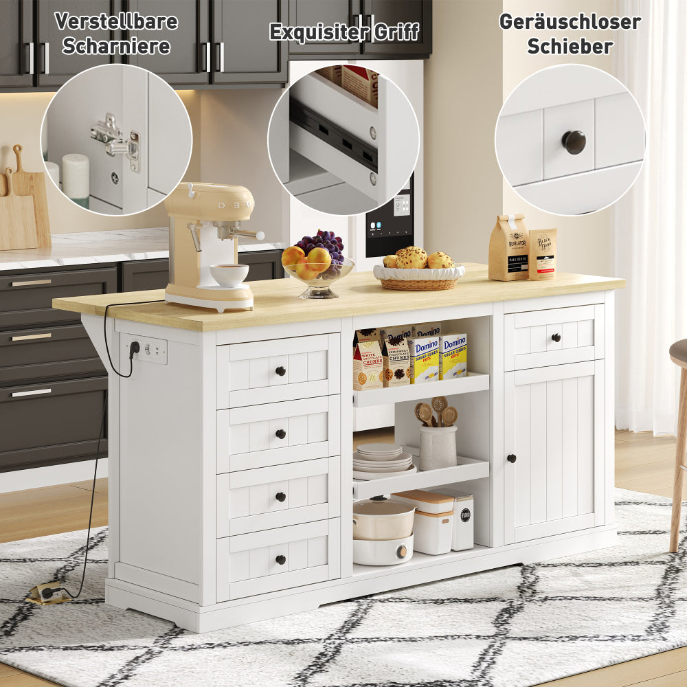 Sideboard, Kitchen Island, Wine Cabinet with 5 Drawers, 2 Pull-Out Shelves, Foldable Extension, Suitable for Kitchen, Dining Room, and Living Room, White, 150×65×75cm, Spacesaving Furniture, Modern Sideboard, Minimalist Fu