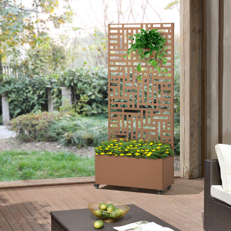 Ruimteverdeler – Scheidingswand – Kamerscherm – Plantenbak – Room Divider – Met Bloemenbak – Rollend Met Wielen – Weerbestendig Staal 190x82x38 cm – Bruin