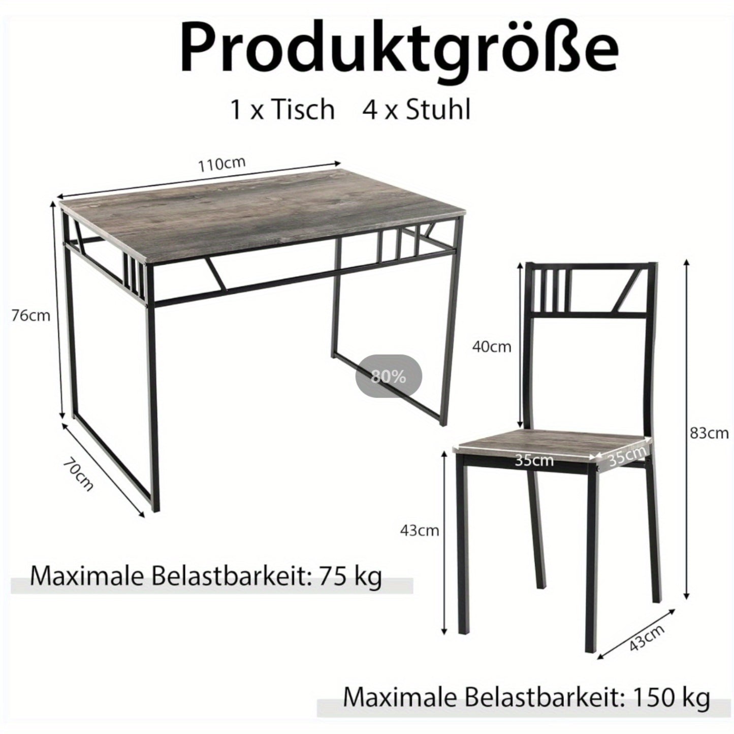 Eettafelset – Tafel en Stoelen – Eettafel – Keukentafel – Industrieel Meubel – Zwart – MDF Houtlook Tafelblad – Ergonomische Stoelen met Metalen Frame