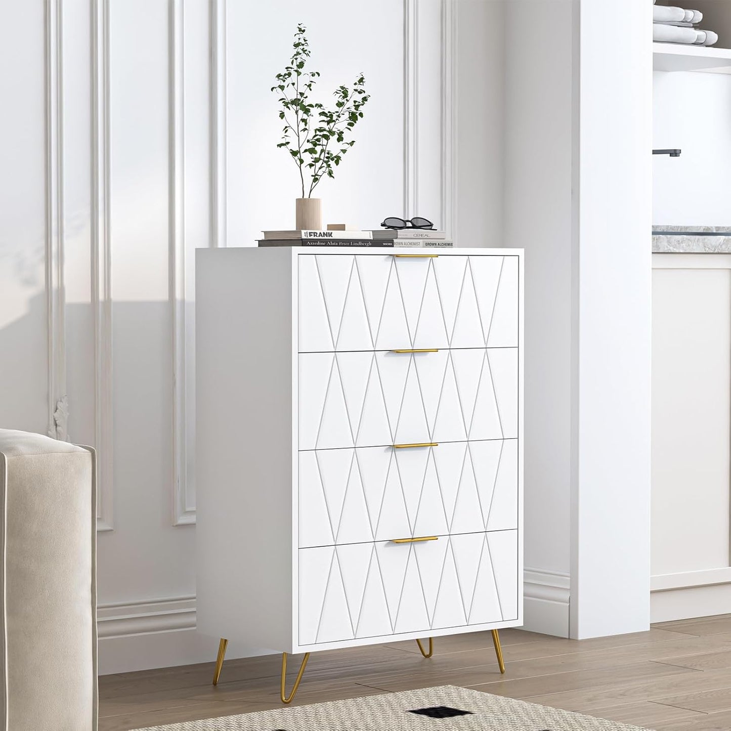 Ladekast – Dressoir – Opbergkast – Commodes – Witte kast met gouden poten – 4 lades met diamanten structuur – Hout en metaal