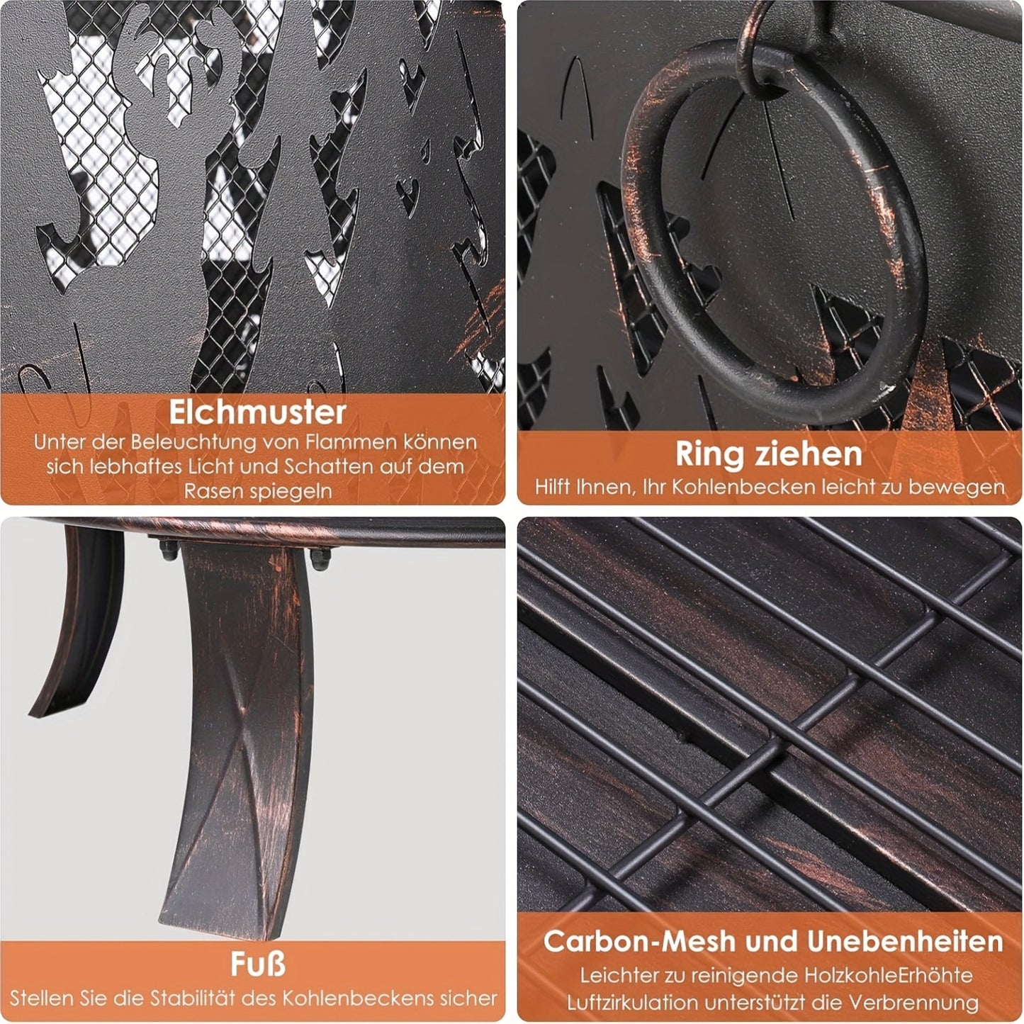 Vuurkorf – Tuinhaard – Terrashaard – Kampvuurkorf – Buitenhaard – Vintage Stijl – Elandpatroon – Duurzaam IJzer – Inclusief Vonkenscherm – 71x65 cm