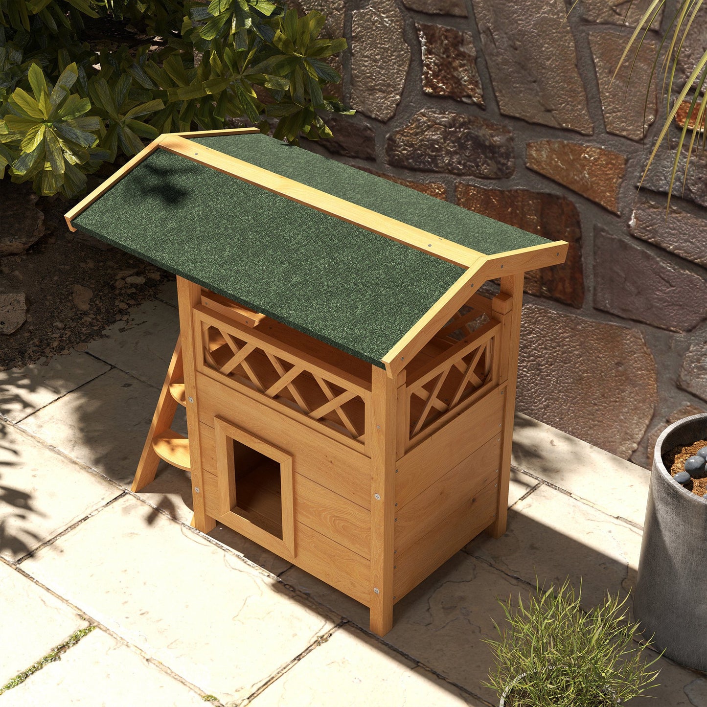 kattenhuis – kattenhok – kattenmand – kattenhol – dierenhuis – duurzaam grenenhout – waterdicht asfaltdak – 2 verdiepingen met trap – ruime kattenbakruimte