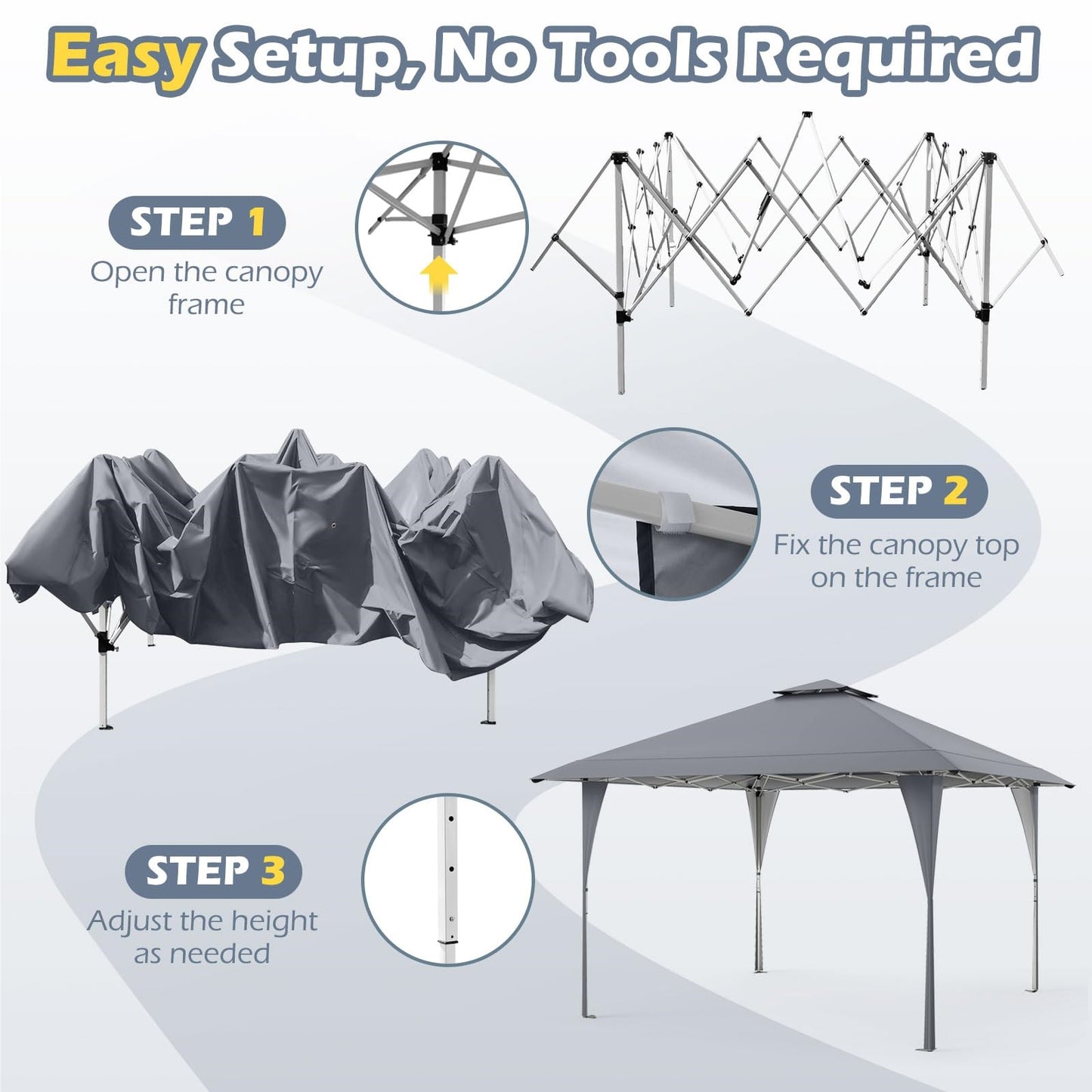 Pop-Up Pavilion – Tuinpaviljoen – Partytent – Vouwtent – Prieel – Waterbestendig – Verstelbare Hoogte – Grijs – Met Dubbele Dak – Stevig Metalen Frame