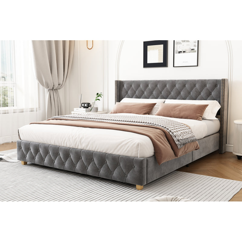 Bedframe Queen – Gestoffeerd Tweepersoonsbed – Platformbed – Bedframe Met Hoofdbord – Lits-Jumeaux – Grijs Fluweel – Lattenbodem – Stijlvol Button-Tufted Hoofdeinde