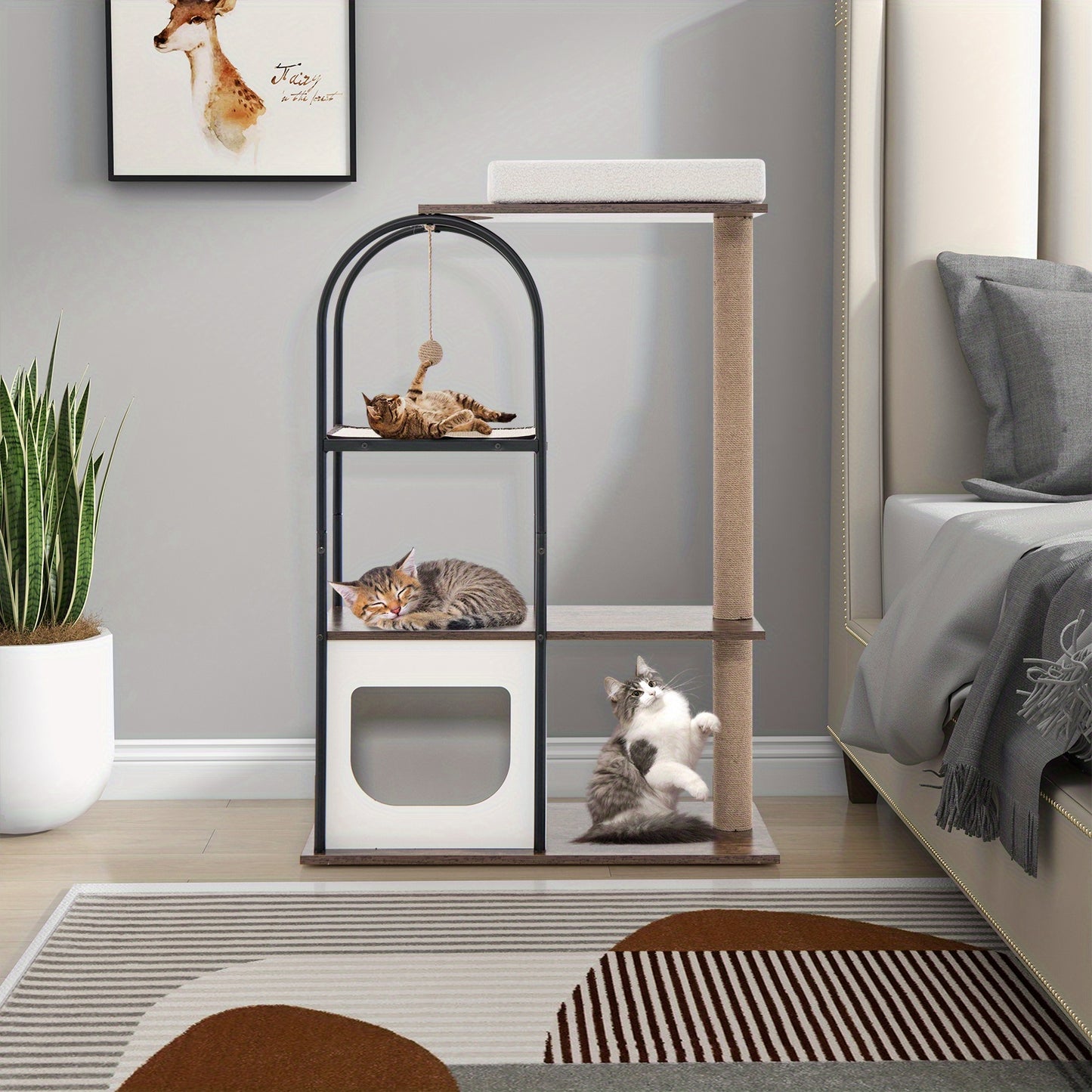 Krabpaal – Kattenboom – Kattenhuis – Kattenmeubel – Kattentoren – Multifunctioneel – 80x40x118 cm – Sisal Krabpalen & Pluche Ligbed – Houtvezelplaat & Metaal