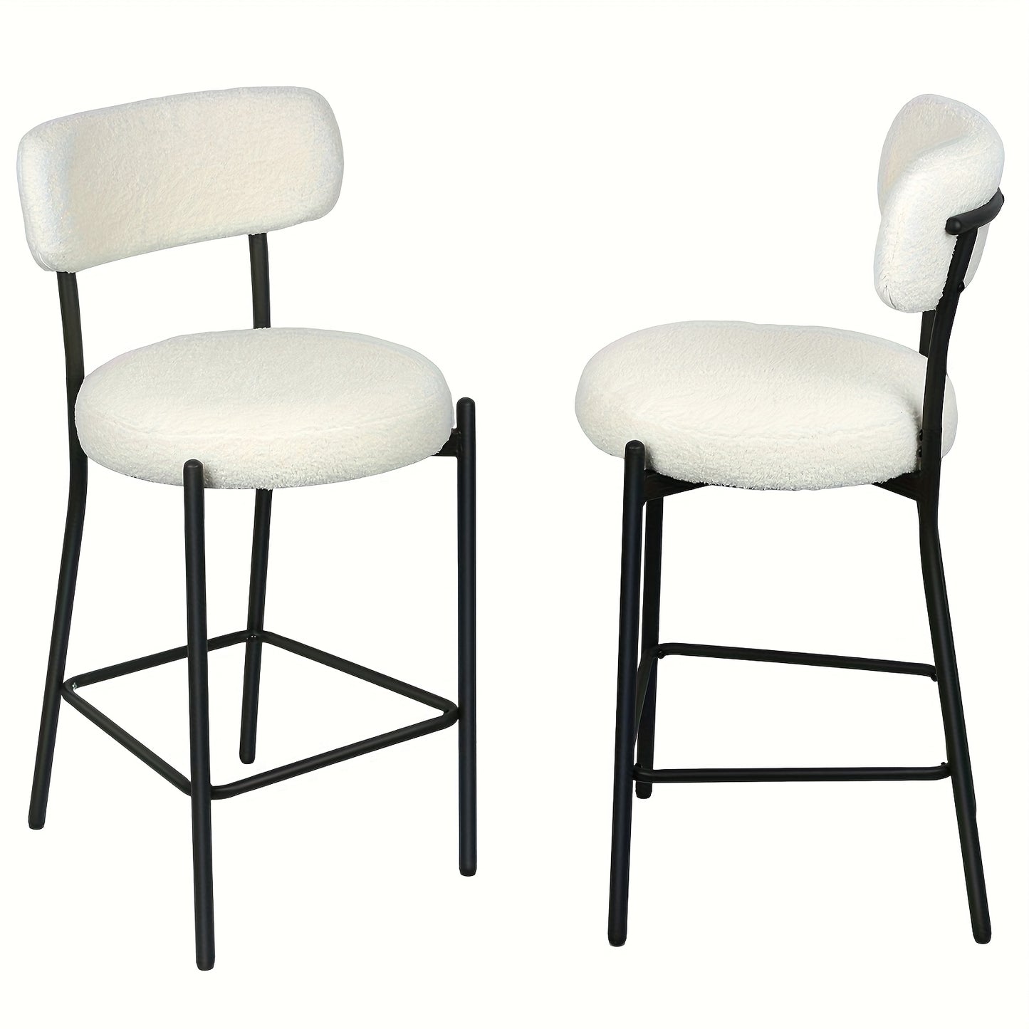 Set of 2 Modern Teddy Boucle Counter Height Chairs & Bar Stools - Plush Round Thick-Seated Padded Dining Set with Black Carbon Steel Frame, Kitchen, Cafe, Breakfast Nook Furniture for or Commercial Use - Easy Assembly