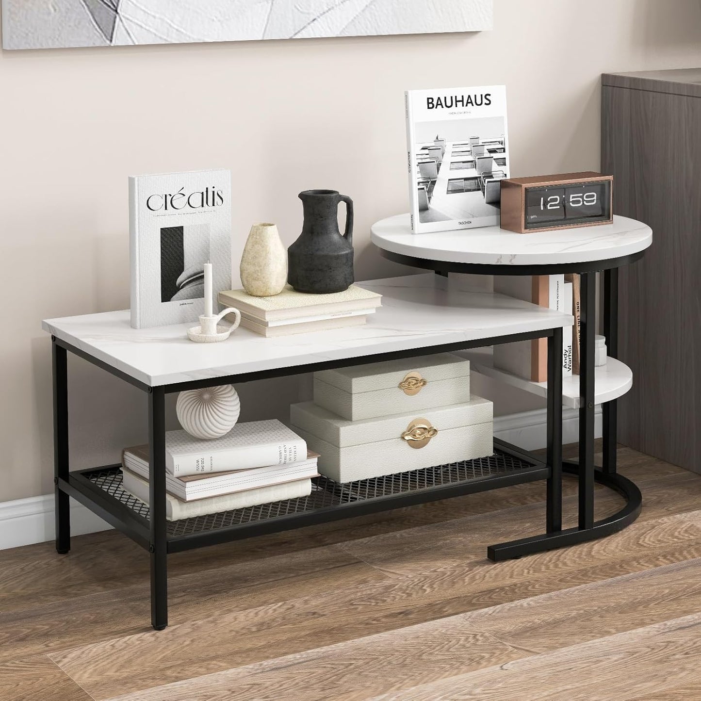 Salontafel – Bijzettafel – Woonkamertafel – Sofa Tafel – 2-Delige Set – Marmerlook Tafelbladen – Stevig Metalen Frame