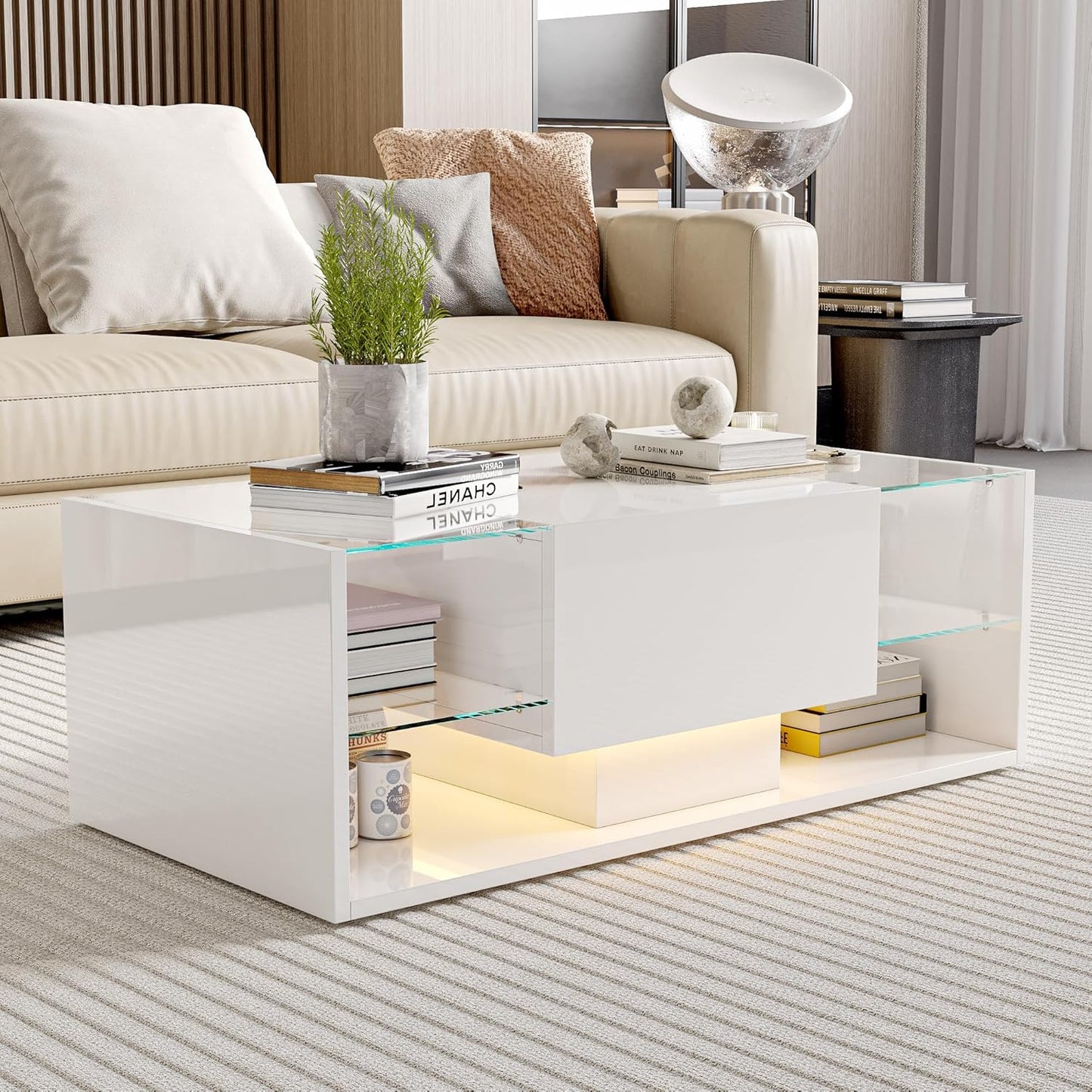 Salontafel – Woonkamertafel – Koffietafel – Tafel met Opbergruimte – LED Salontafel Wit – 100x50x35 cm – MDF en Glas Hoogglans