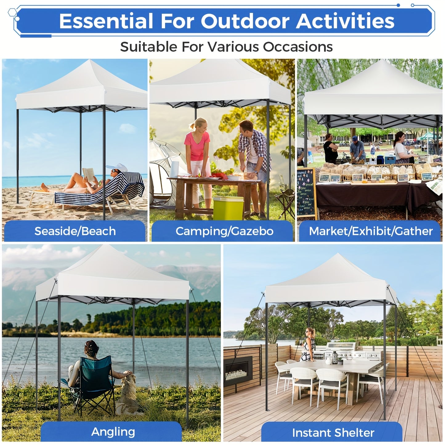 2×2m Pop Up Tent, Folding Gazebo, No Side Walls, With Portable Bag, Easy To Set Up, Height Adjustable, Small Volume For Easy Carrying, Oxford Cloth, Commercial Canopy, Suitable For Camping, Market Stalls, Parties, Beaches, C