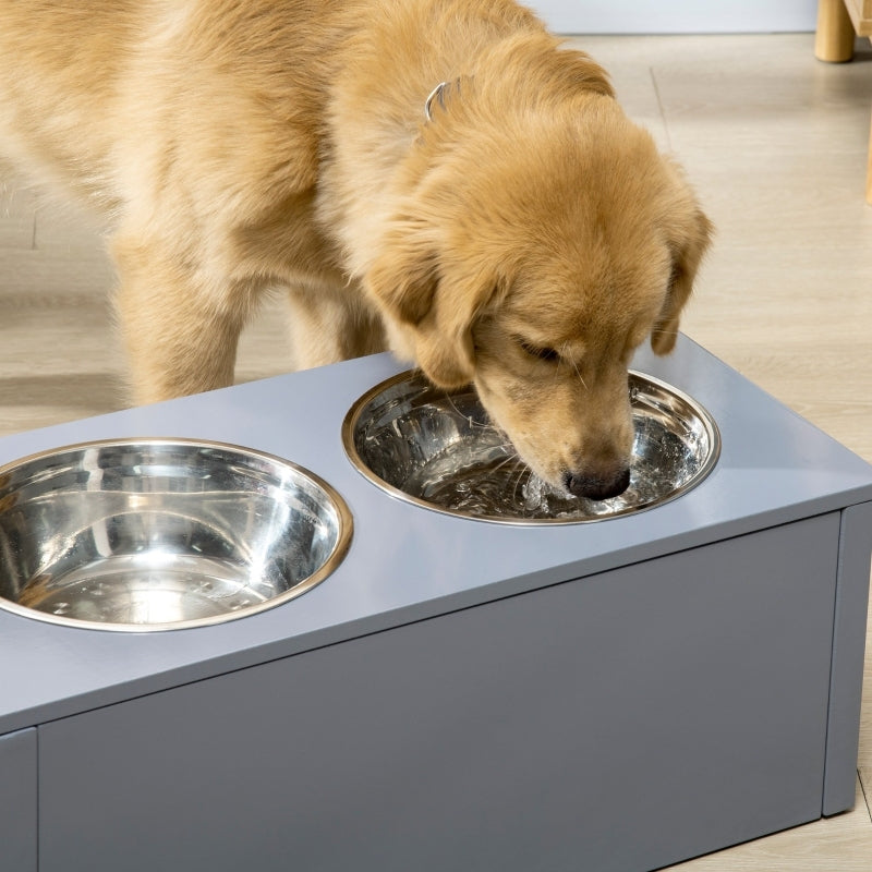Hondenvoerbak – Voerstation – Voerbakken – Drinkbak – Voerkom – Verhoogde Voerstandaard – 2 Roestvrijstalen Kommen 2L – Met Opberglade Grijs 60x30x24 cm