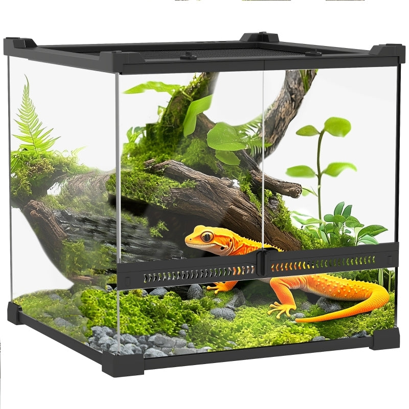 Terrarium – Reptielenverblijf – Vivarium – Dierenkooi – Glazen Terrarium – Zwart – Dubbele Voordeuren Met Knopslot – Verhoogde Bodem Voor Verwarming