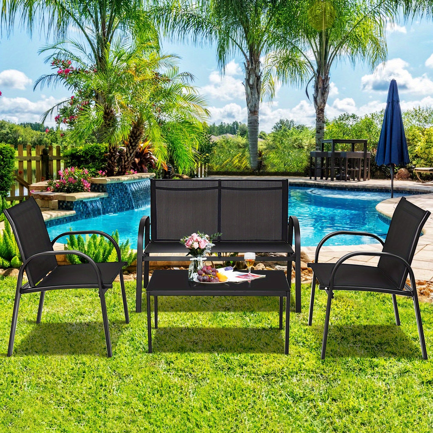 4-delige Loungeset Buiten – Tuinmeubelset – Patio Set – Balkonmeubilair – Outdoor Sofa Set – Duurzaam Metalen Frame – Ademend Zwart Textiel – Inclusief Glazen Salontafel 80 cm