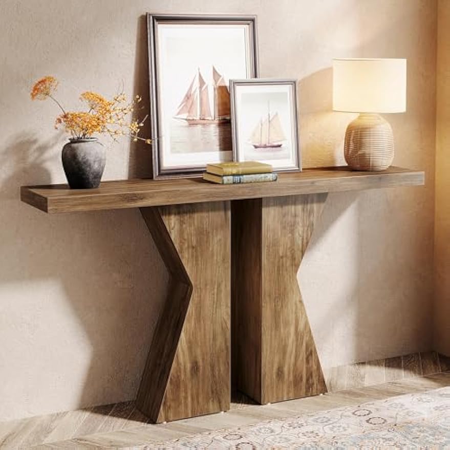 Console Tafel – Smalle Sidetable – Haltafel – Sofa Tafel – Sidetable Eikenlook – 140 cm Breed – 4 cm Dikke Houten Top – Robuuste K-vormige Onderstel