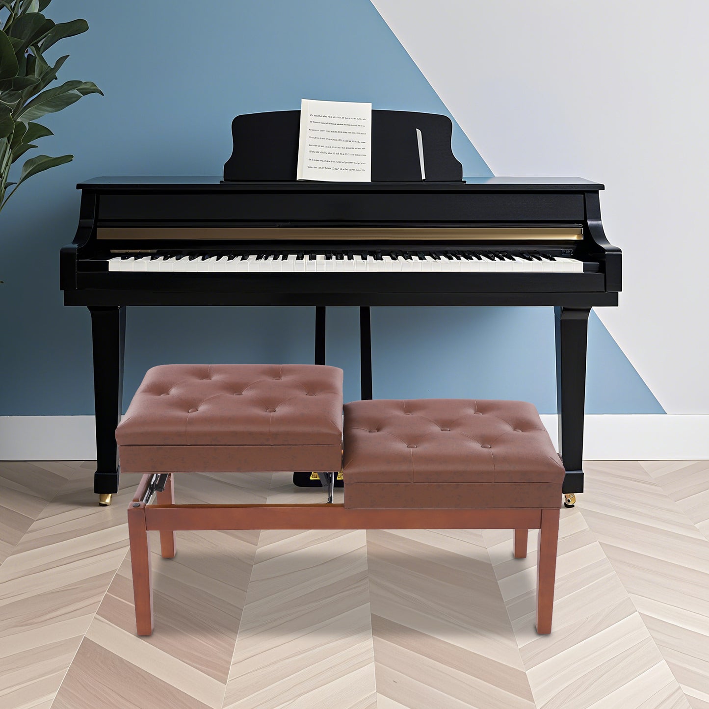 Pianobank – Pianokruk – Keyboardbank – Piano Stoel – Pianobench – Dubbele Zitplaats – Verstelbare Hoogte Met Opbergruimte – Hout Met PU Bekleding – Bruin Met Gouden Poten – Maximaal 200 kg Draagkracht