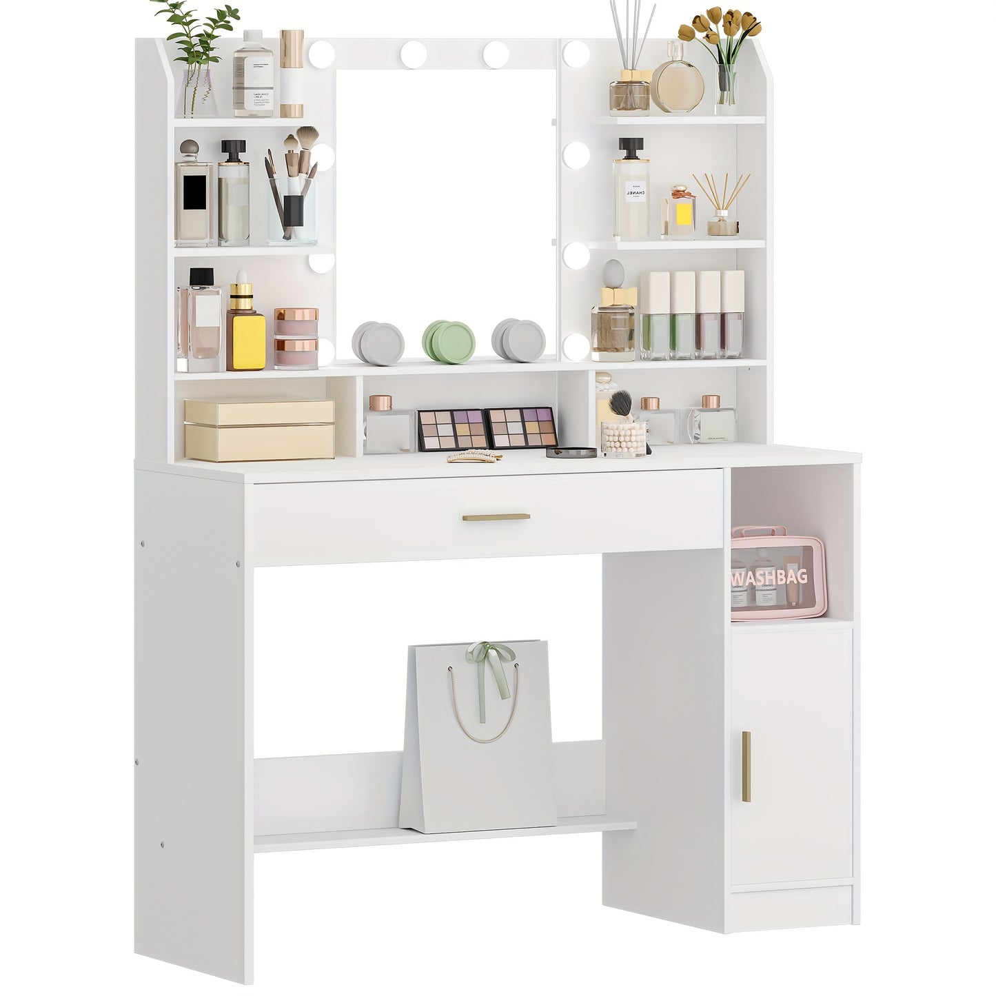 Dressing Table, Large Table Top With Mirror, Adjustable Brightness, With Drawers And Storage Cabinets, Open Shelves, For Bedroom, Wardrobe, White