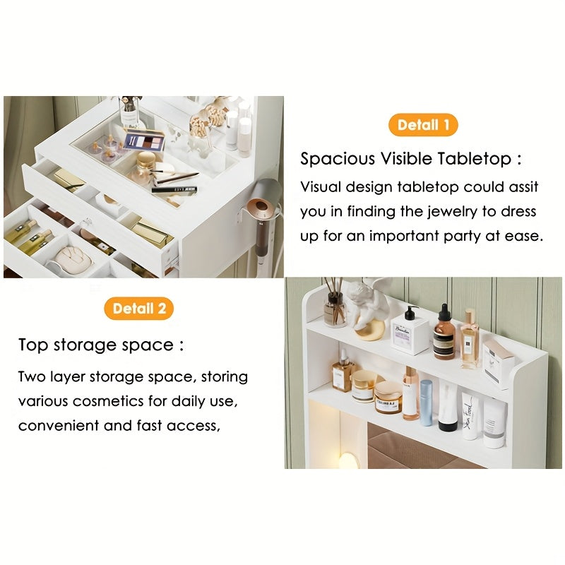 Make-uptafel – Kaptafel – Schminktisch – Make-up Desk – Make-up Bureau – Verlichte Spiegel – Glazen Bovenblad – Compact 55x40x152 cm – Wit