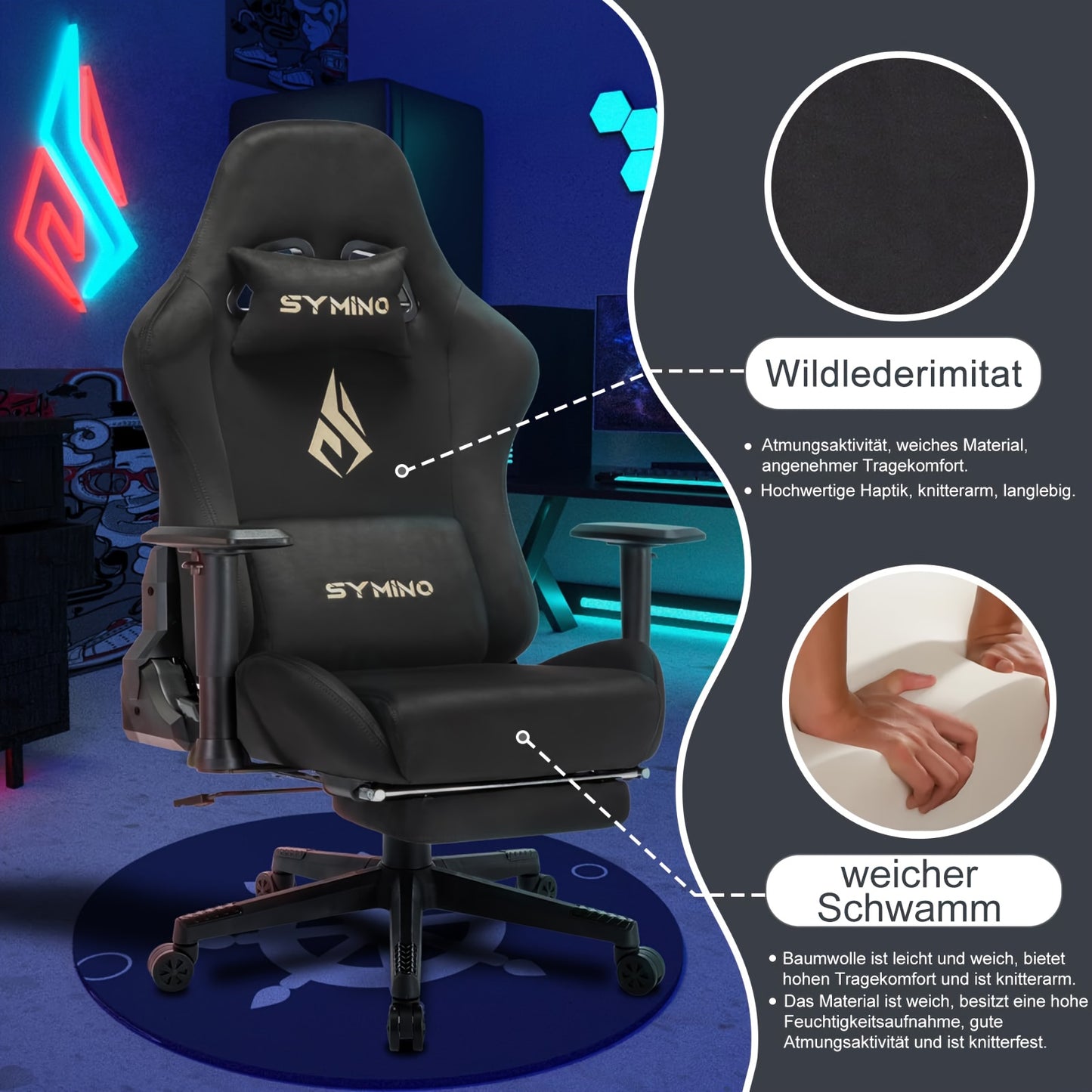 Gamingstoel – Bureaustoel – Gamestoel – Draaistoel – Ergonomische Stoel – Met Voetensteun & Lendensteun – Hoogte Verstelbaar – Geheugenfoam Kussen – Metaal Frame – Handmatige Ligstand – Milky White
