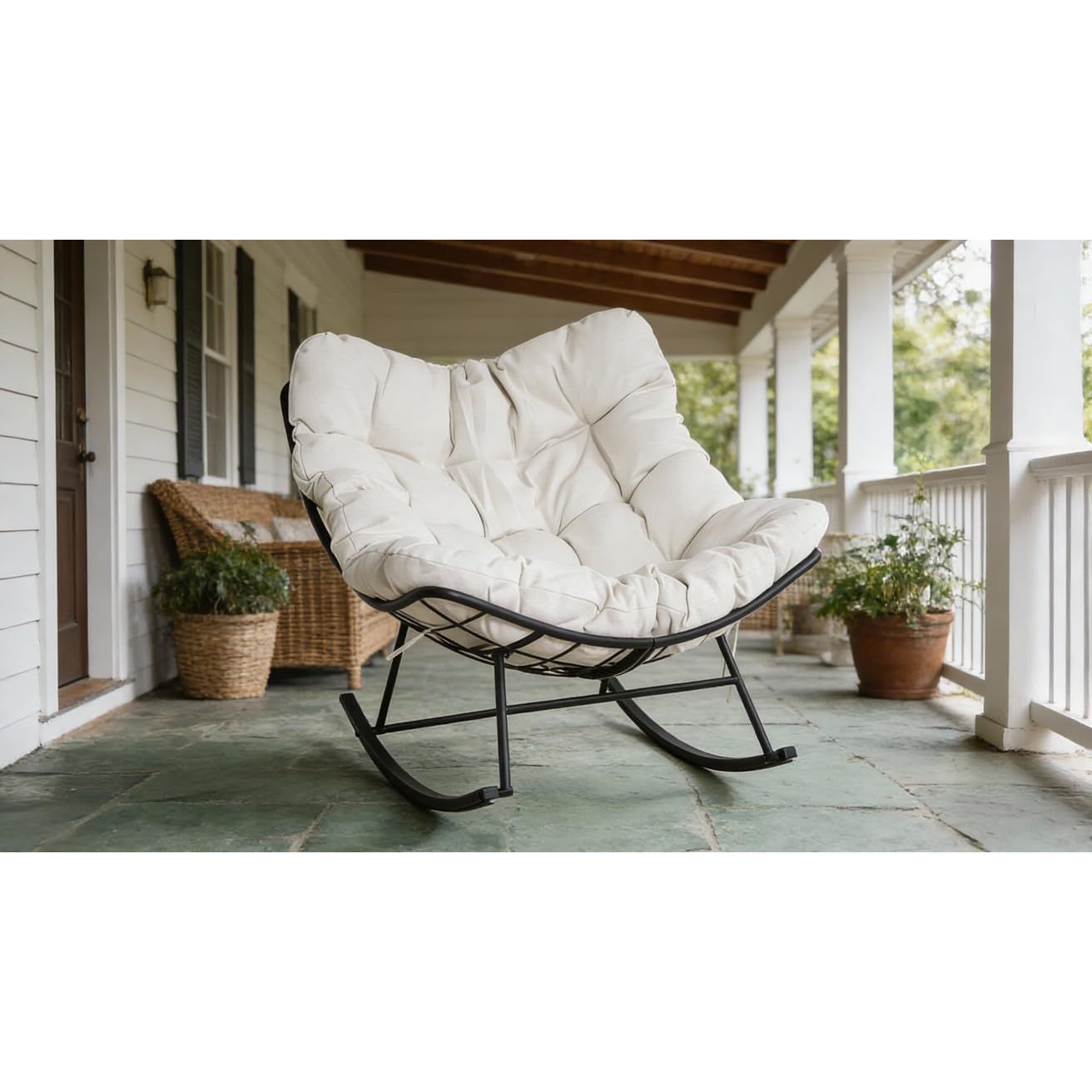 Schommelstoel – Hangstoel – Schommelzetel – Eierstoel – Schommelzitje – Wit Ei-vormig Design – Houten Frame & Oliegewreven Afwerking