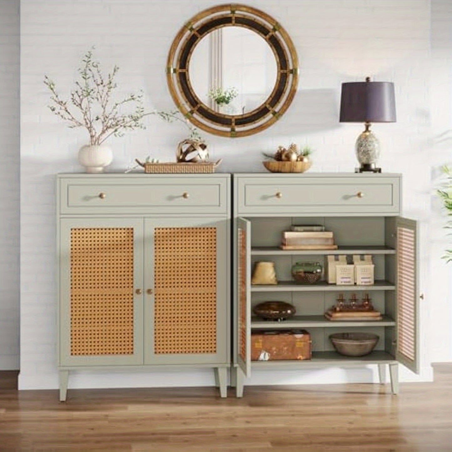 Berghkast – Opbergkast – Vitrinekast – Dressoir – Wandkast – Verstelbare Planken – Lade – Mintgroen Met Hout & Rotan – Modern Design