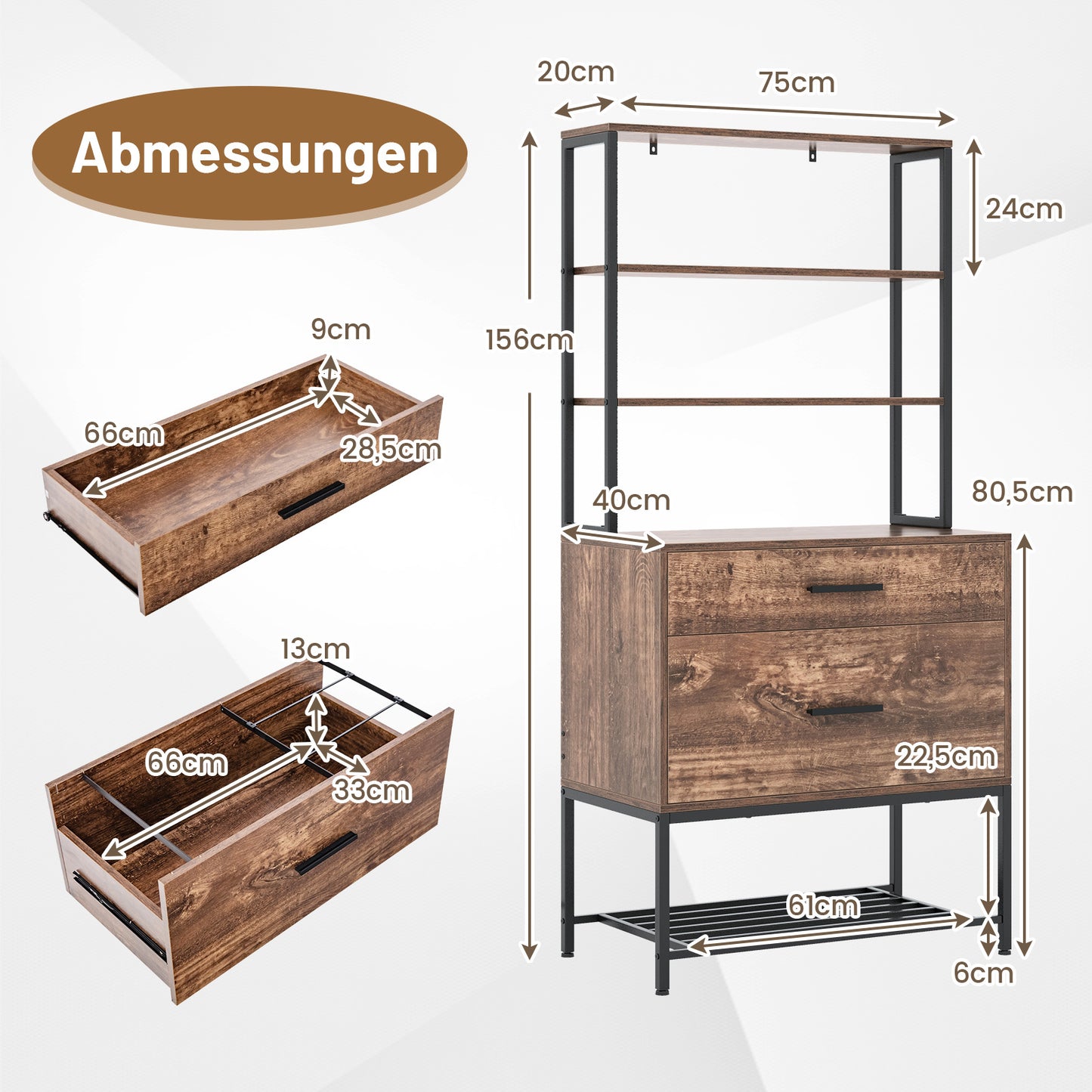 Archiefkast – Filekast – Kantoorrek – Documentenkast – Ladenkast – Vintage Bruin – 3 Open Planken – 2 Grote Laden Voor Hangmappen