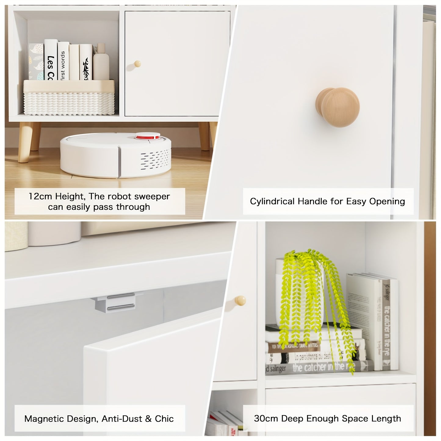 Boekenkast – Boekenrek – Opbergkast – Vakkenkast – Wandkast – Wit Hout – 4 Deuren & 8 Vakken – 64,5x30x140,5 cm – Vrijstaand & Stevig
