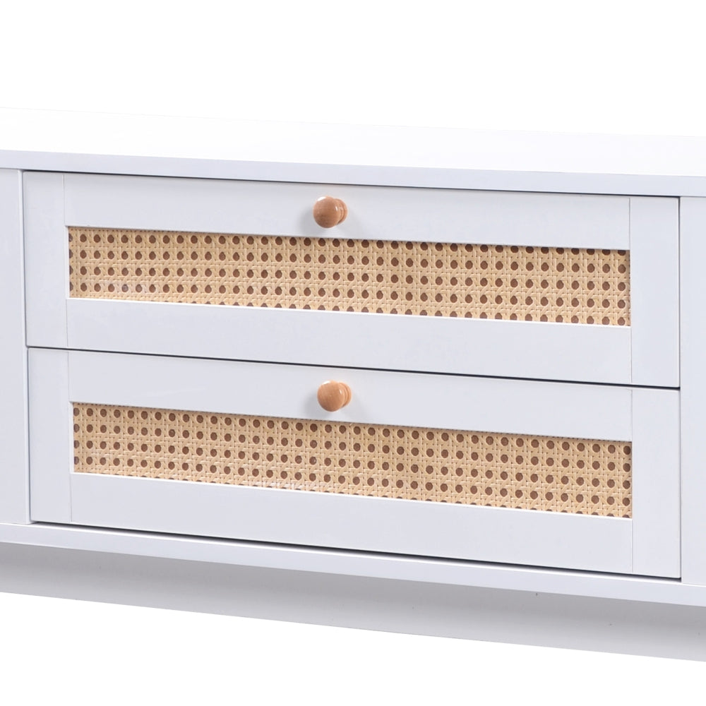 Rustic Modern TV Stand with Doors & Drawers - Solid Wood-Like, Rattan-Side Doors, Sturdy Metal-Free, Natural Wood-Look for Furniture - Easy Assembly (Compatible with TVs & Media Players)