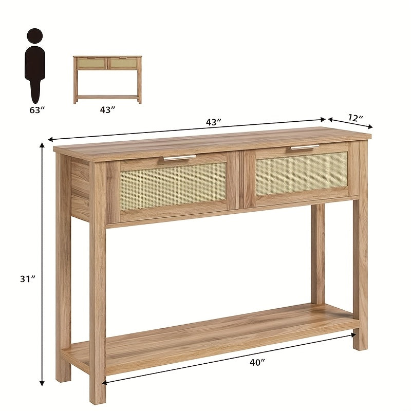 Haltafel – Sidetable – Console Tafel – Sofa Tafel – Rattan Bijzettafel – Boho Design – 2 Laden – Caramel Eikenhout