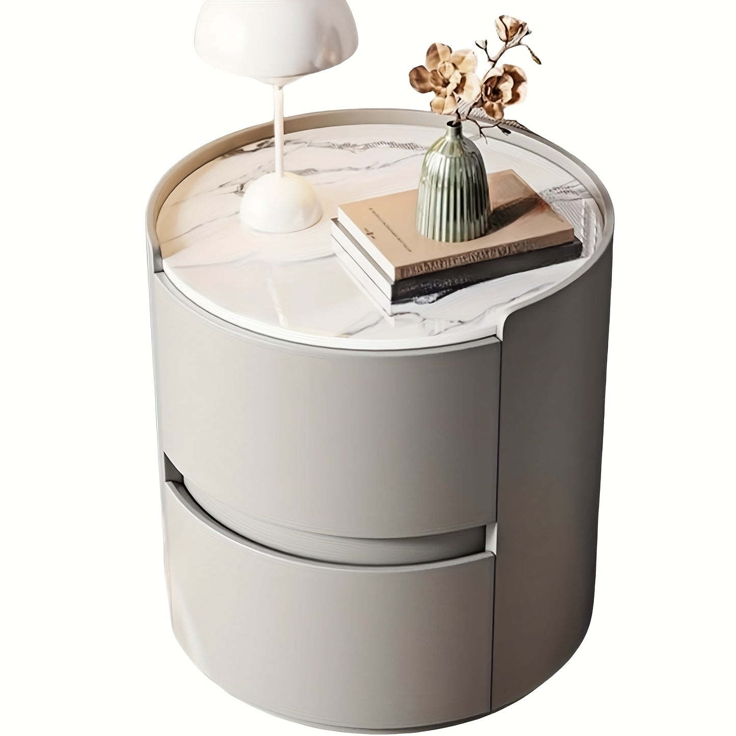Ronde Nachtkast – Nachtkastje – Bedside Table – Bijzettafel – Nachtkastje Met Laden – Grijs – Massief Hout – Microvezel Leder Afwerking – Compacte Ruimtebesparende Opbergruimte