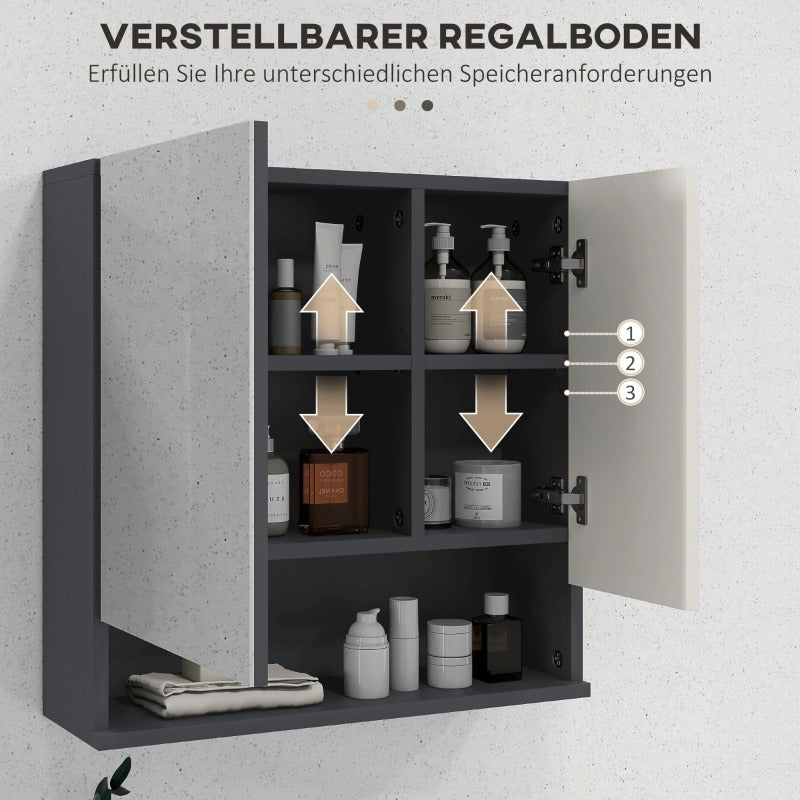 Badkamer Spiegelkast – Spiegelkast Met Opbergruimte – Wandkast Badkamer – Spiegelkast Met Plank – Anti Condens Spiegel – Grijs – 55x17x55 cm – Modern Ruimtebesparend Design