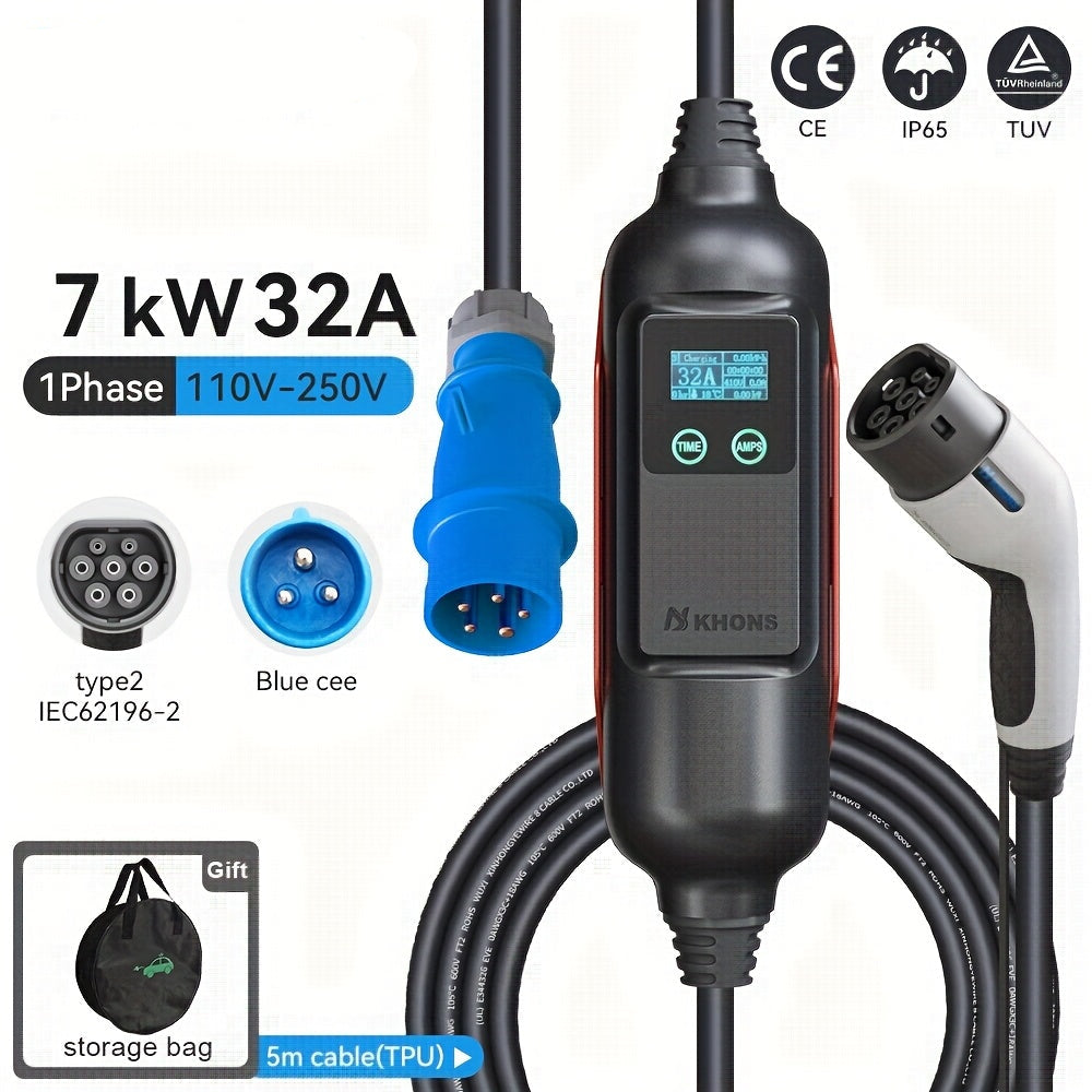 Draagbare EV Lader – Elektrische Auto Oplader – Type 2 Laadkabel – Mobiele Laadstation – 7 kW 32A – TPU Kabel – Veilig Laden Zonder App
